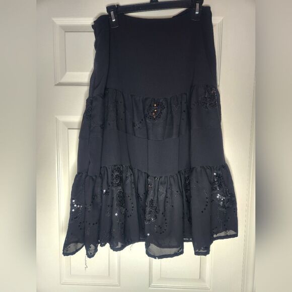 Methode 10 Black Beaded Embroidered Lined Flared Zipper Midi Women’s Skirt - Picture 1 of 7